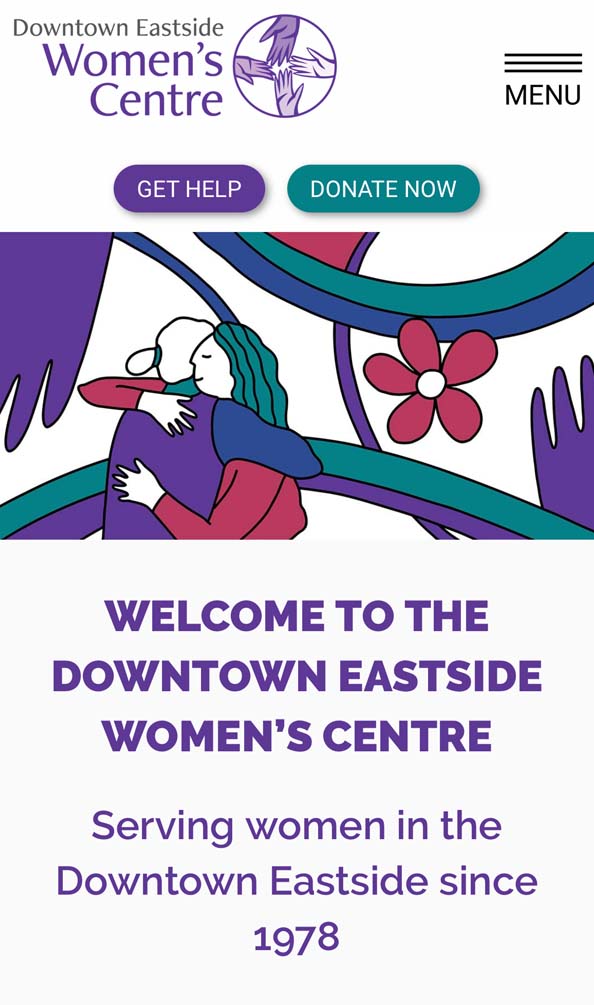 Image of the mobile version of the Downtown Eastside Women’s Centre website