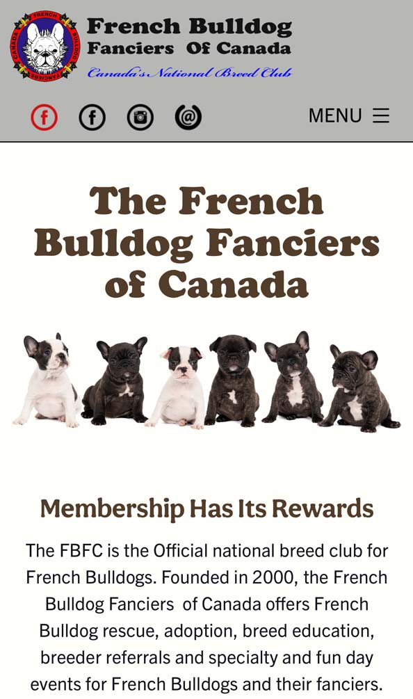 Image of the mobile version of the French Bulldog Fanciers of Canada website