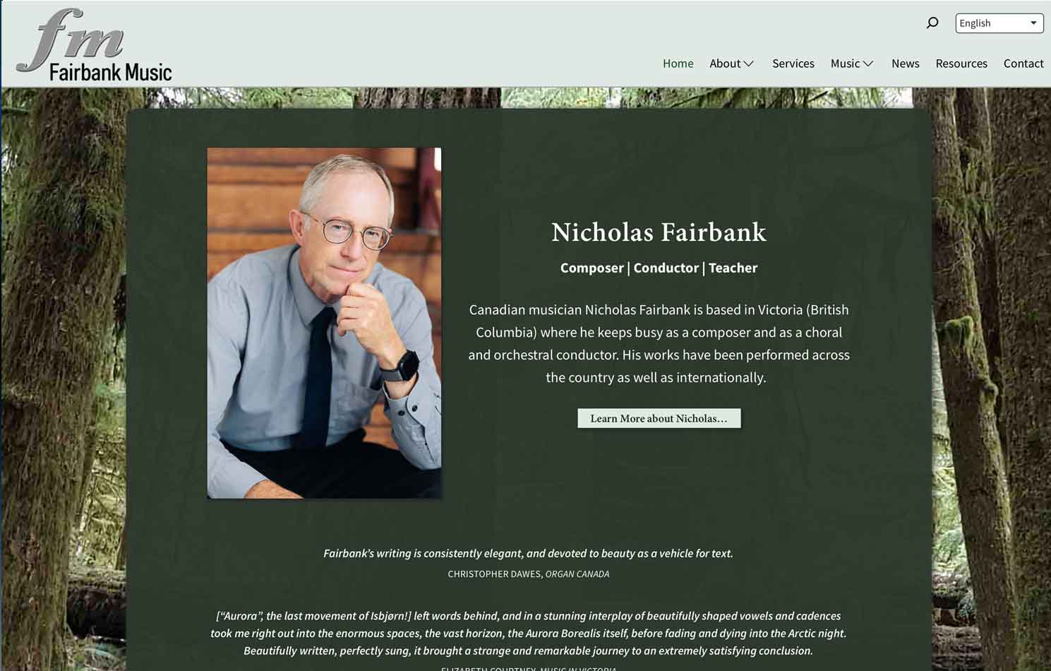 Image of the desktop version of the Fairbank Music website