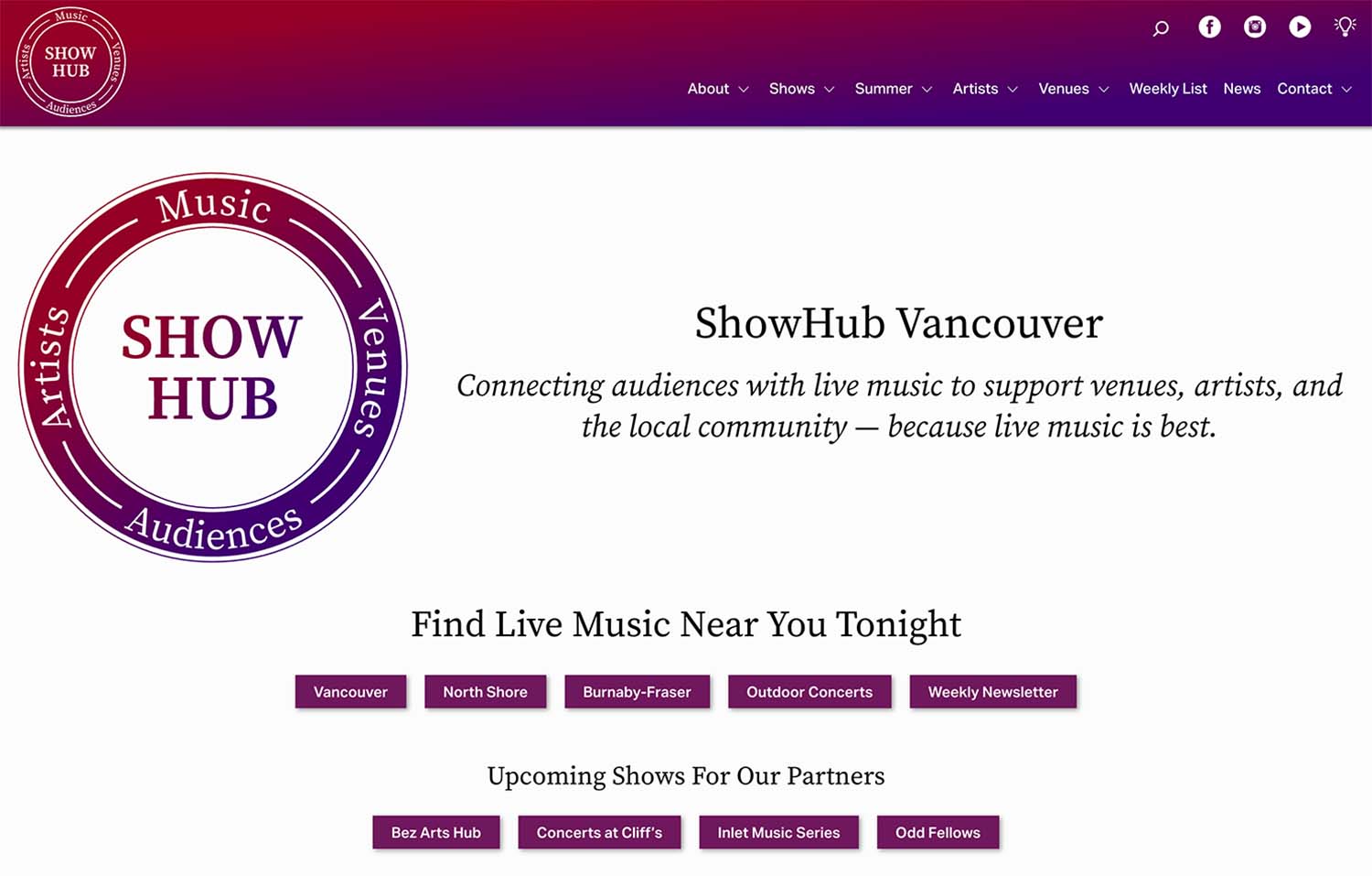 Image of the desktop version of the ShowHub – Live Music Listings website