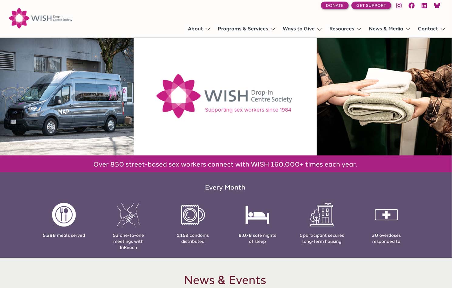 Image of the desktop version of the WISH Drop-In Centre website