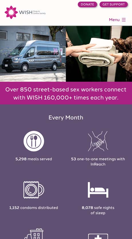 Image of the mobile version of the WISH Drop-In Centre website